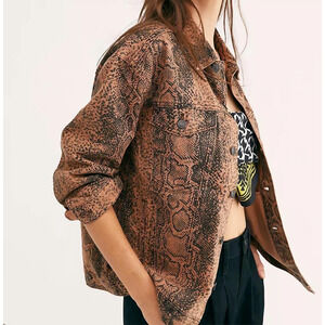 Free People Brown Snake Print Oversized Denim Trucker Jacket Size XLarge